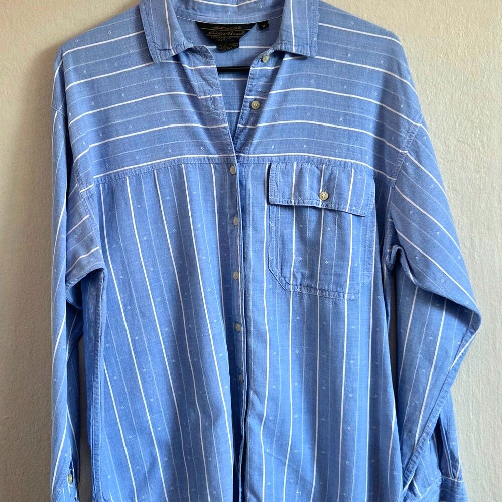 Vintage Eddie Bauer Shirt – Medium – India – Blue with White Stripes